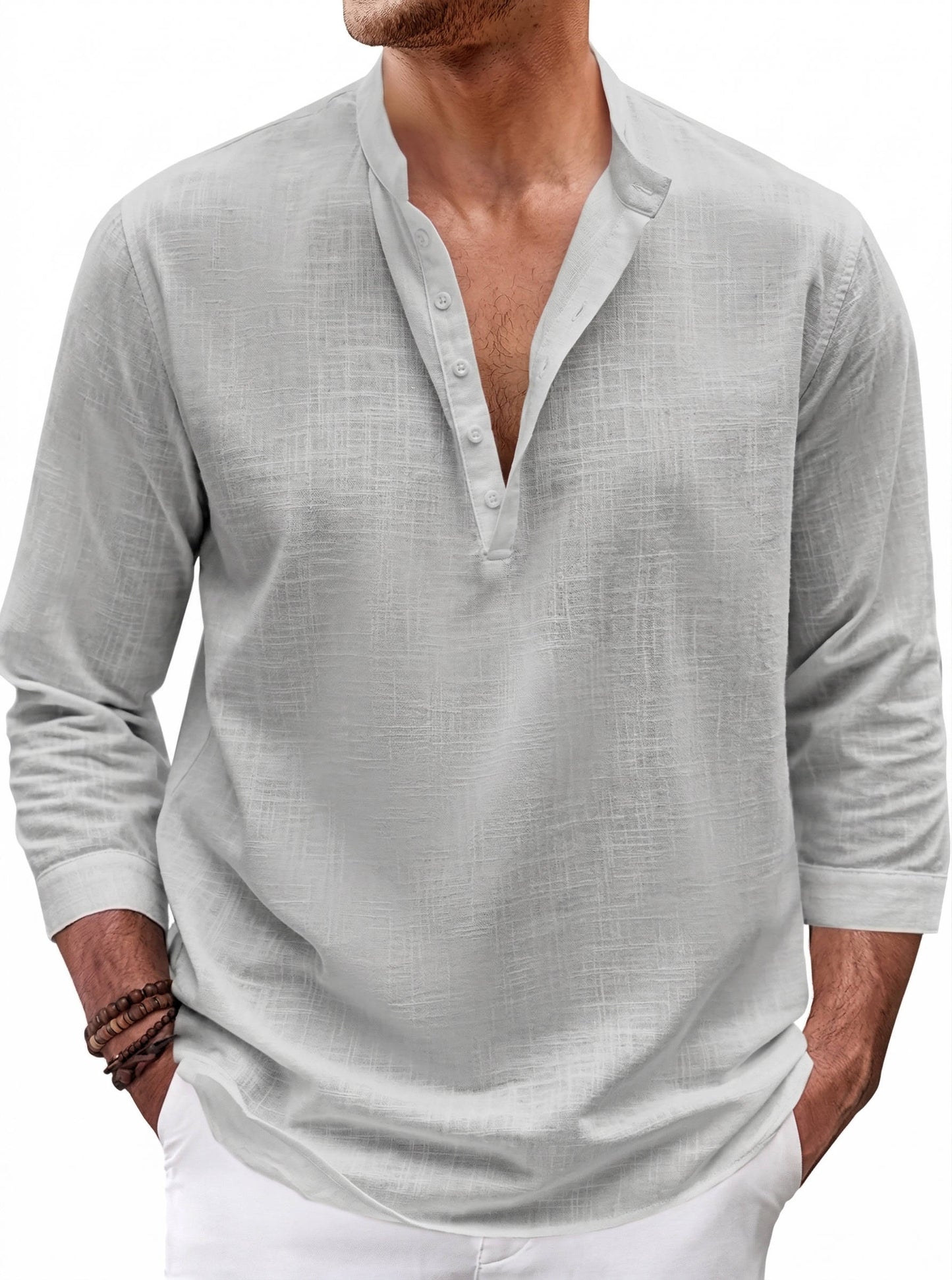 Chemise lin homme | Col mao, manches longues