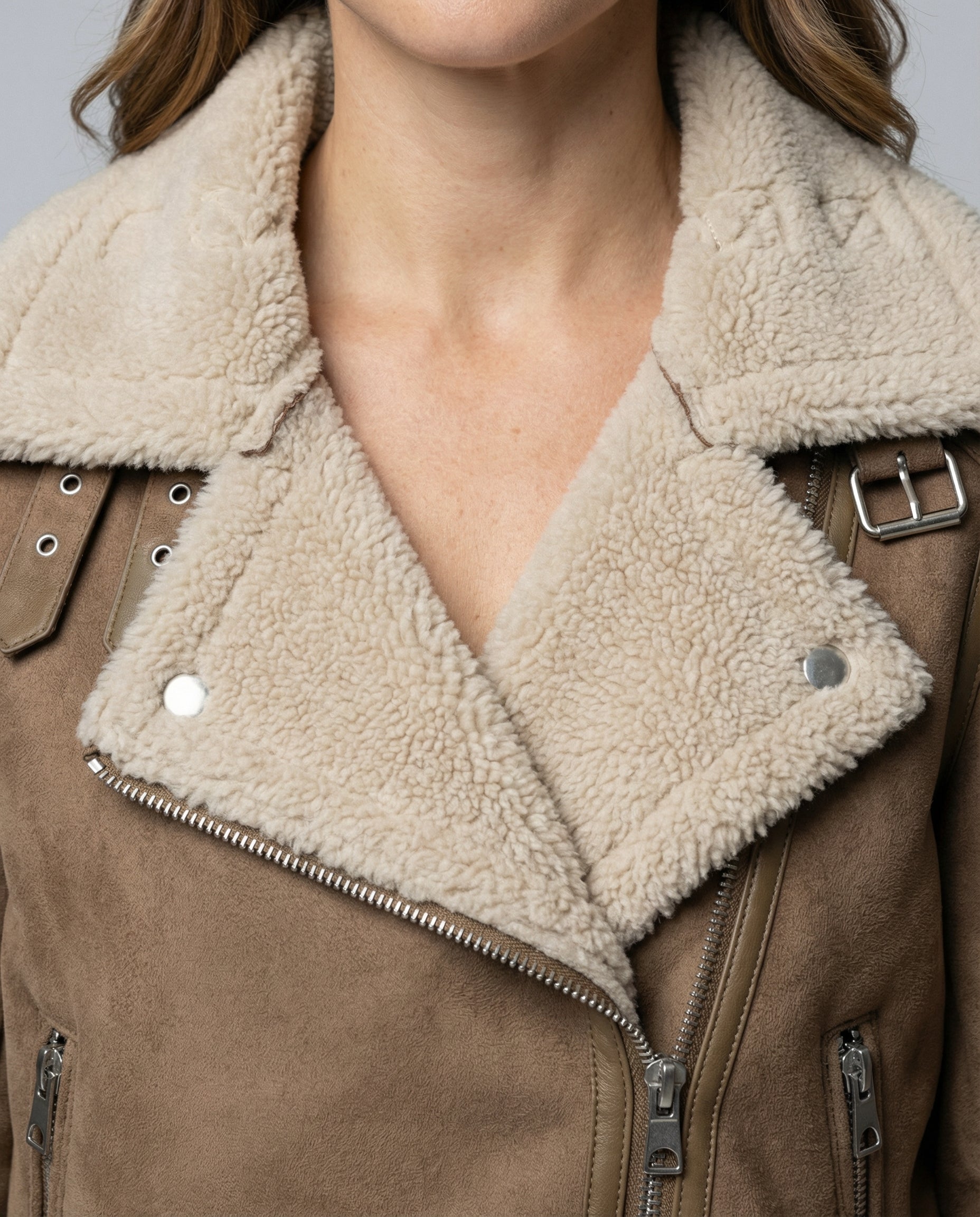 Veste motard femme | Cuir synthétique vintage, doublure polaire