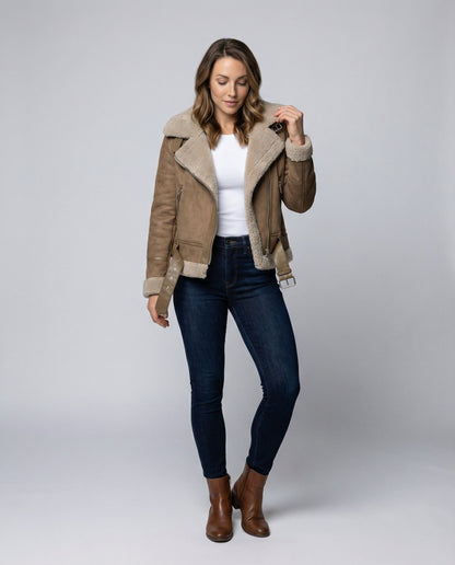 Veste motard femme | Cuir synthétique vintage, doublure polaire