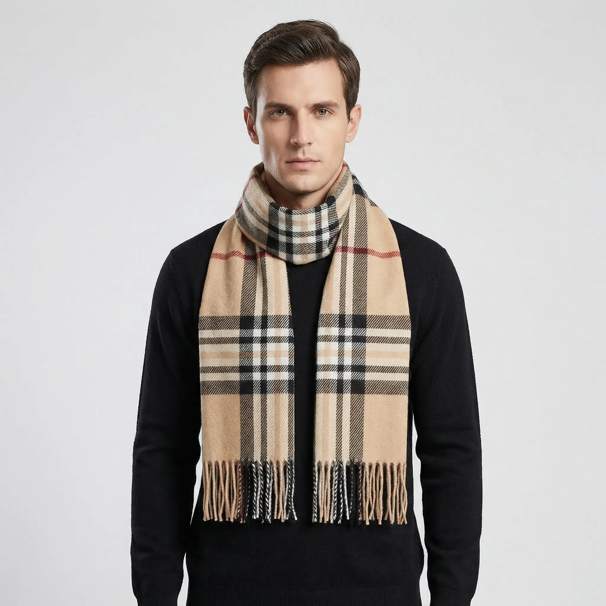 Écharpe homme carreaux britanniques avec franges, motif tartan liseré rouge