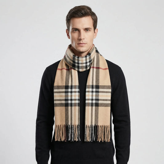 Écharpe homme carreaux britanniques avec franges, motif tartan liseré rouge