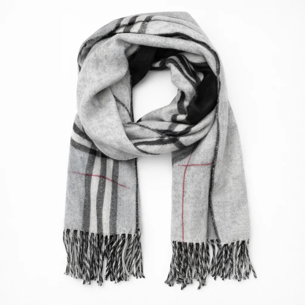 Écharpe homme carreaux britanniques avec franges, motif tartan liseré rouge