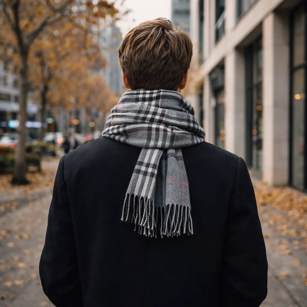 Écharpe homme carreaux britanniques avec franges, motif tartan liseré rouge