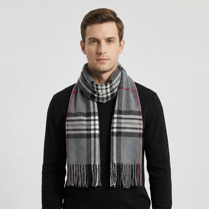 Écharpe homme carreaux britanniques avec franges, motif tartan liseré rouge