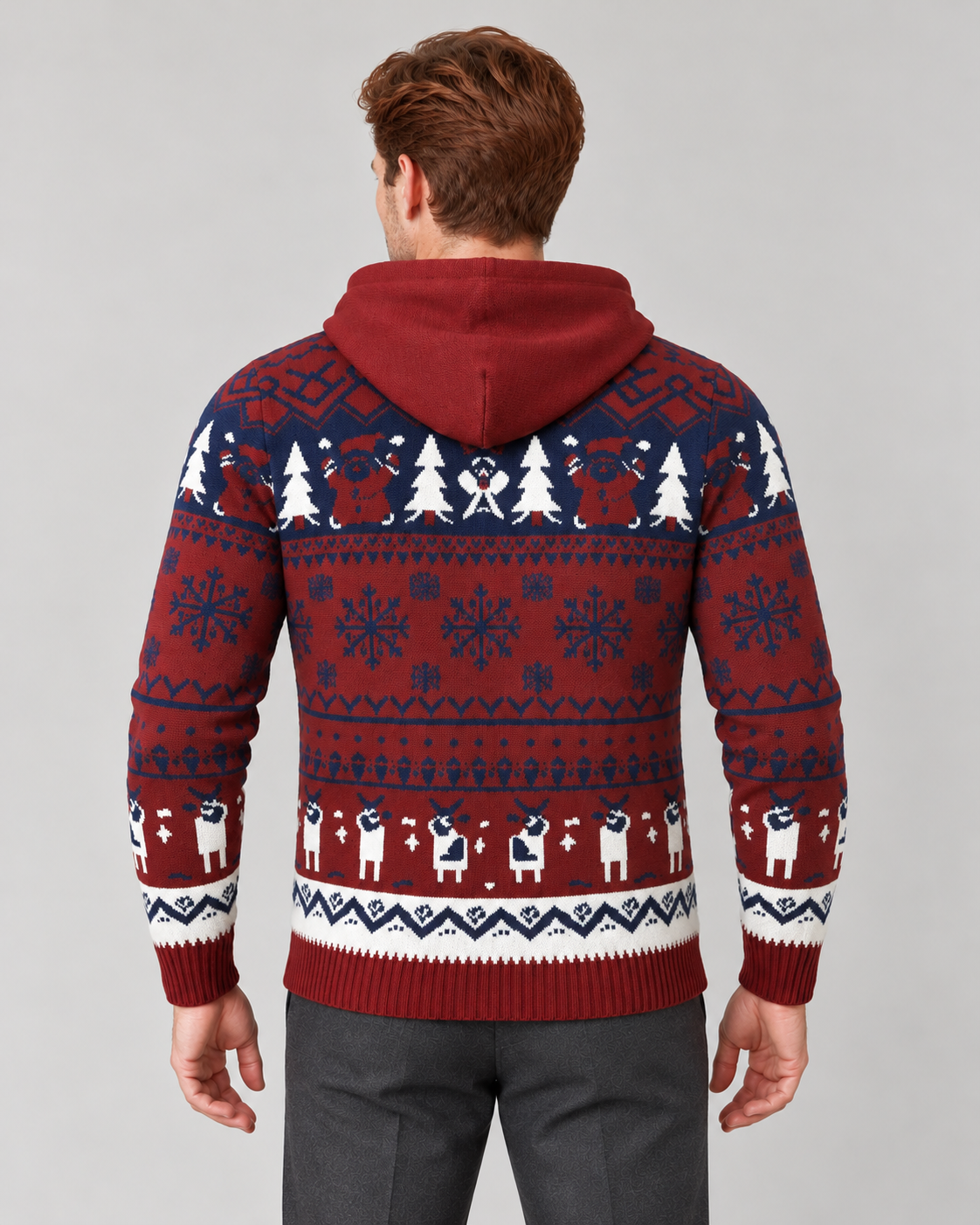 Pull de noël homme jacquard renne avec capuche, maille douce motif Fair Isle