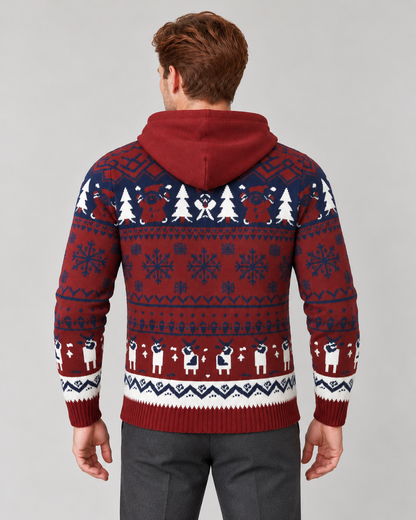 Pull de noël homme jacquard renne avec capuche, maille douce motif Fair Isle