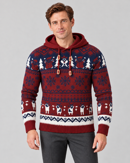 Pull de noël homme jacquard renne avec capuche, maille douce motif Fair Isle