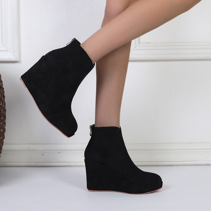 Bottines femme velours talon compensé bout pointu fermeture zip arrière