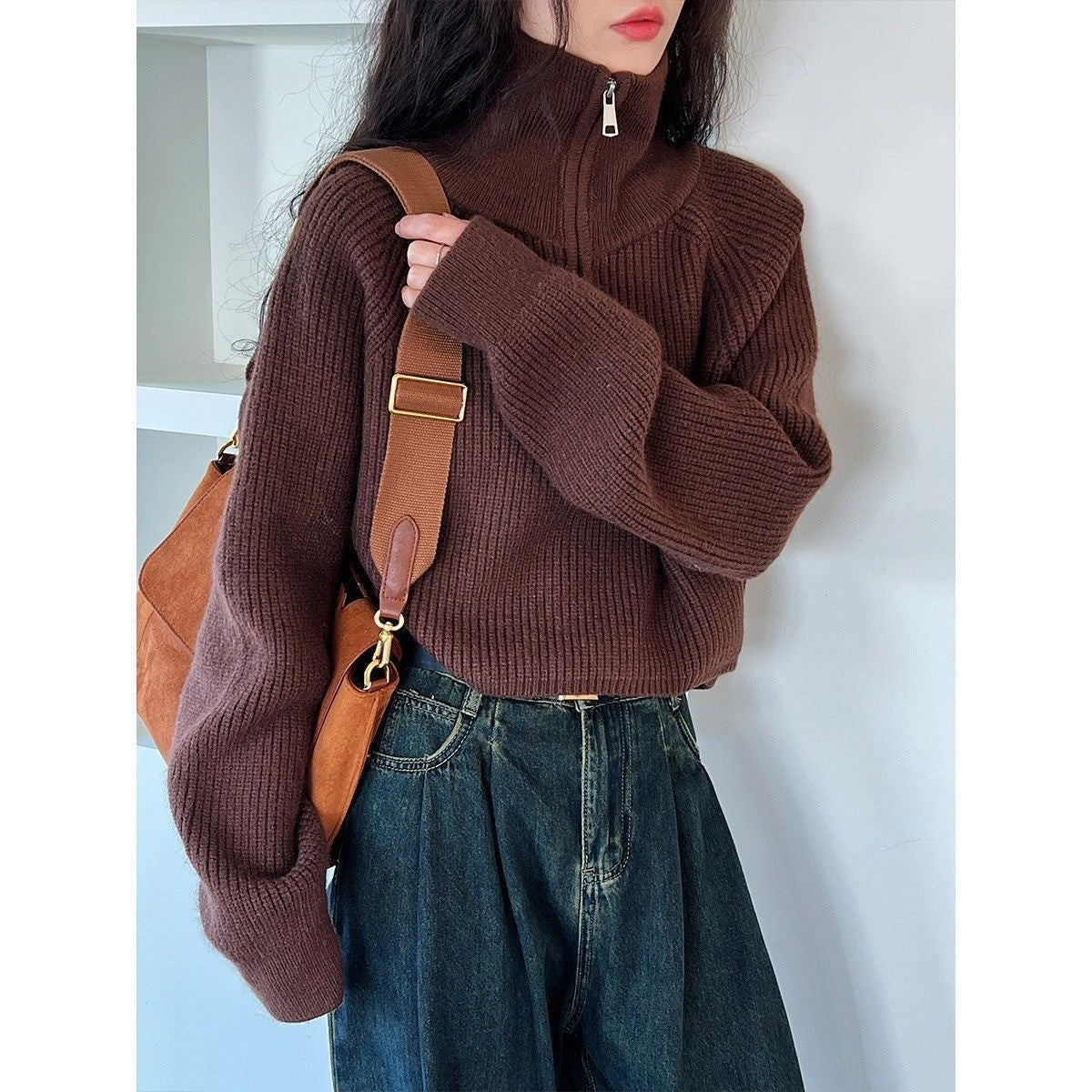Pull tricoté femme col revers zippé coupe ample automne hiver