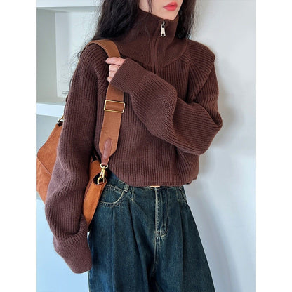 Pull tricoté femme col revers zippé coupe ample automne hiver
