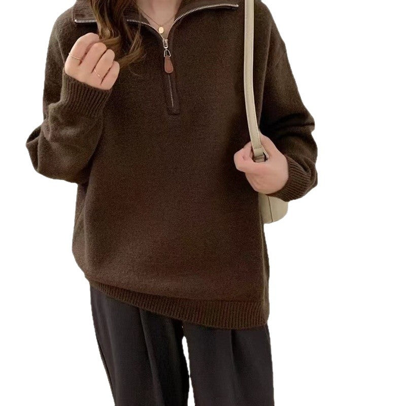 Pull femme col montant demi-zippé tricoté oversize maille douce