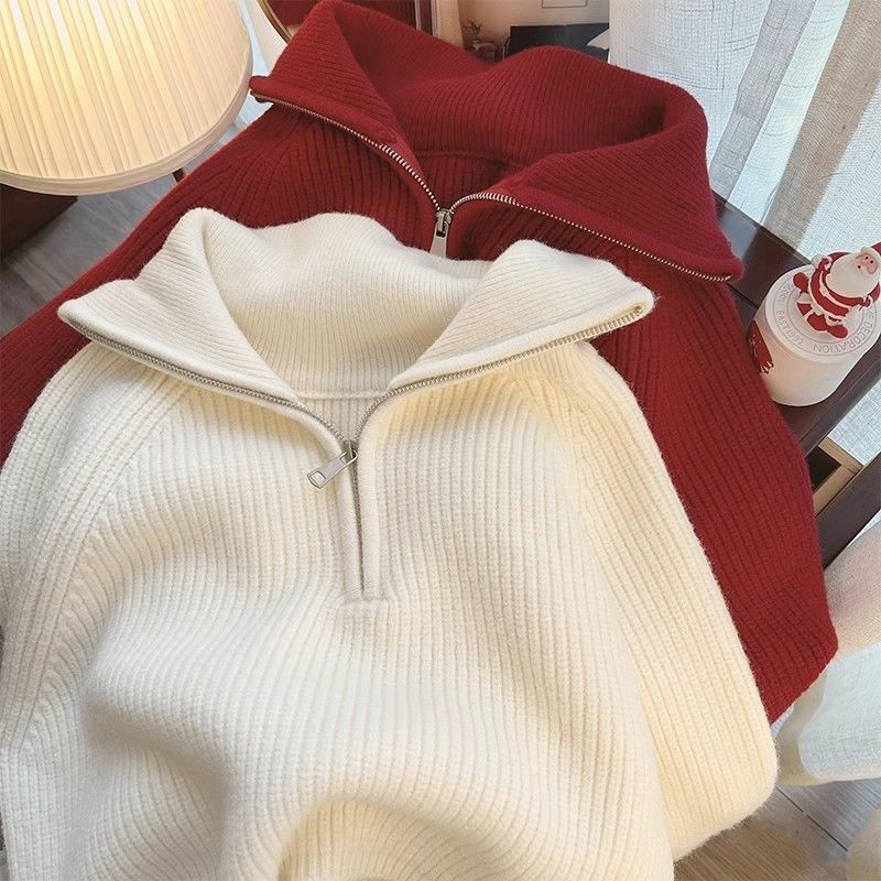 Pull tricoté femme col revers zippé coupe ample automne hiver
