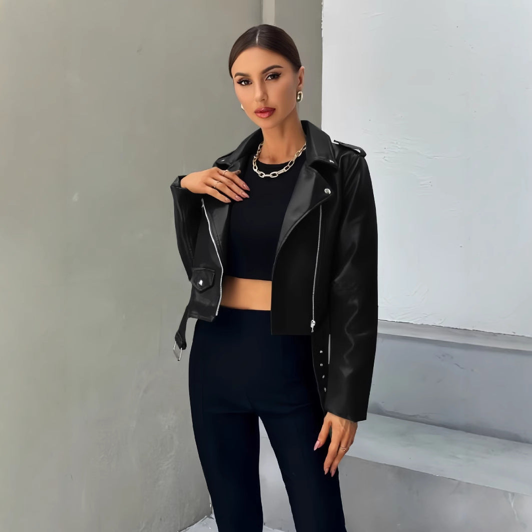 Veste motard femme cuir synthétique | Coupe courte, fermeture asymétrique