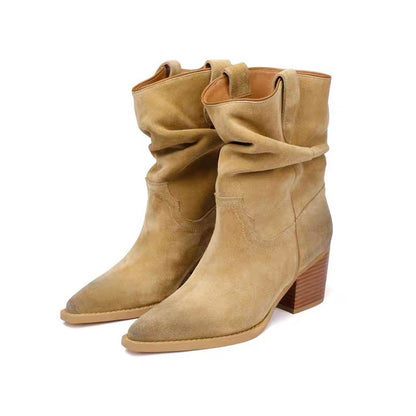 Bottes western femme suède bout pointu talon carré col en V froncées mi-mollet