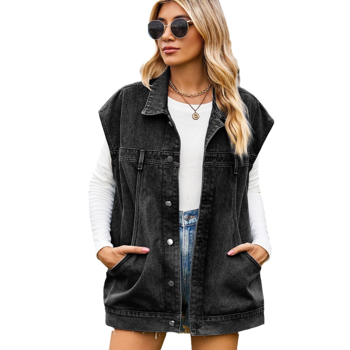 Dames gilet en denim au style oversized moderne avec poches pratiques Chic und Stil-Jeans Outfit-PARIS FEMME