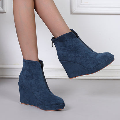 Bottines femme velours talon compensé bout pointu fermeture zip arrière