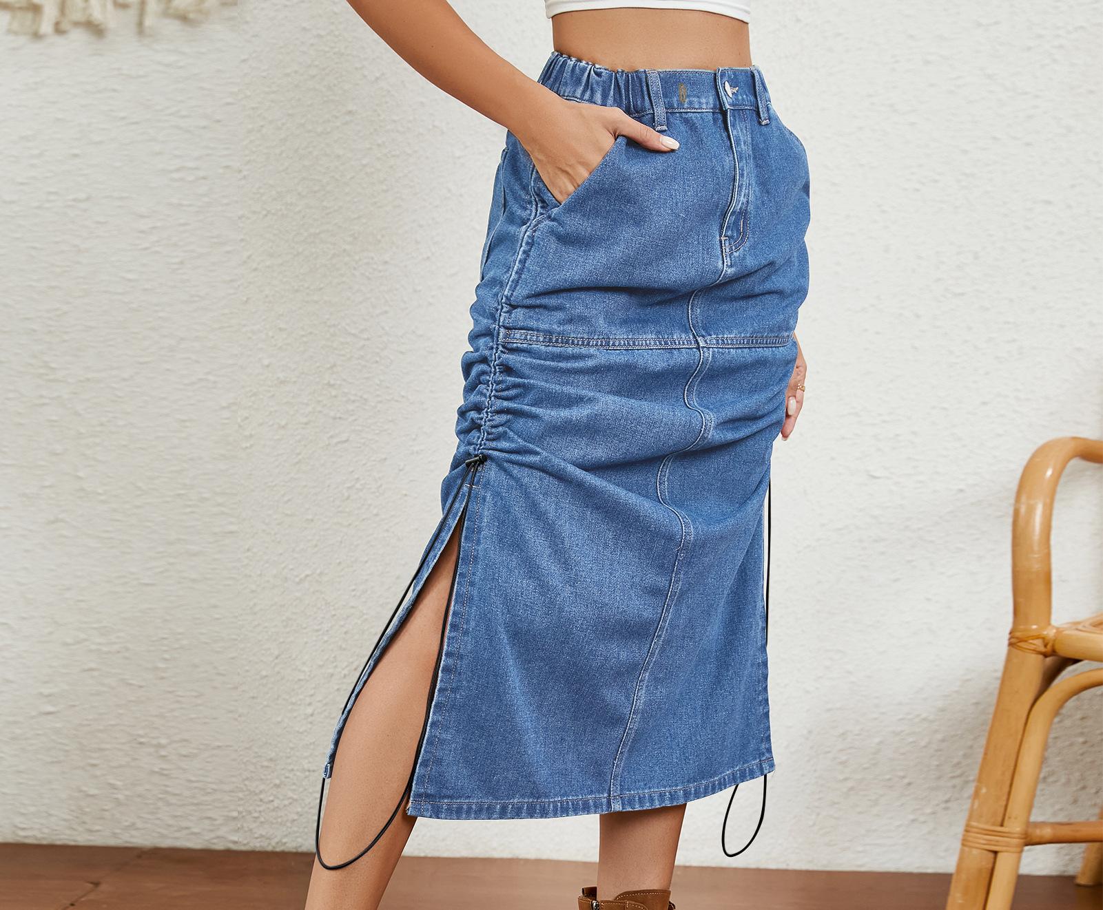Jupe midi pour dames avec taille élastique, fentes latérales et fronces Chic und Stil-Short en jean-PARIS FEMME