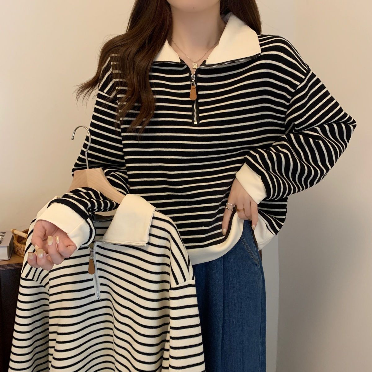 Pulls femme | Col Polo rayé, semi-ouvert | Grandes tailles