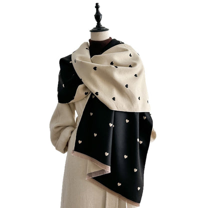 Écharpe femme imitation cachemire réversible motif cœur bicolore 185x65 cm