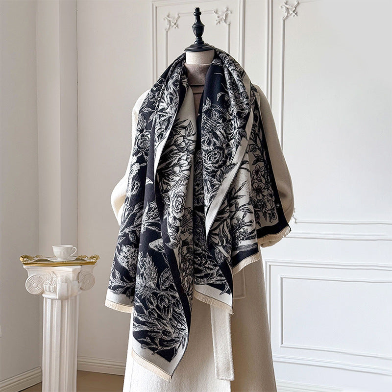 Écharpe femme imitation cachemire épaisse motif floral châle automne hiver 185x65cm