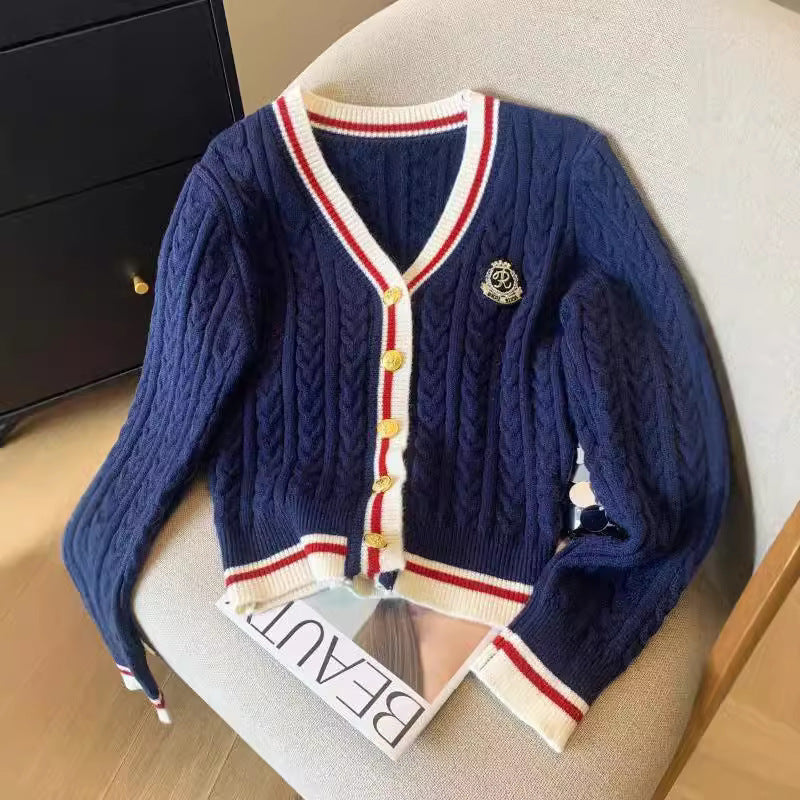 Cardigan tricot femme col V bicolore motif torsadé style universitaire rétro