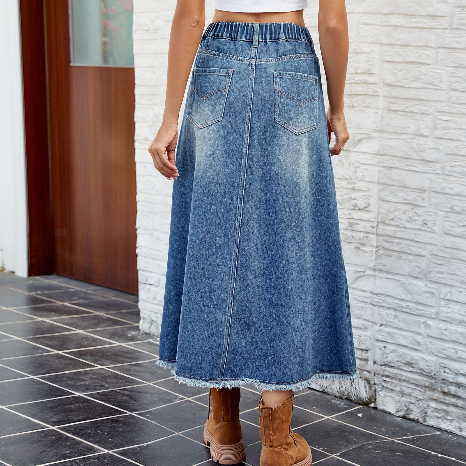 Jupe maxi en denim pour femmes avec taille élastique et poches pratiques Chic und Stil-Short en jean-PARIS FEMME