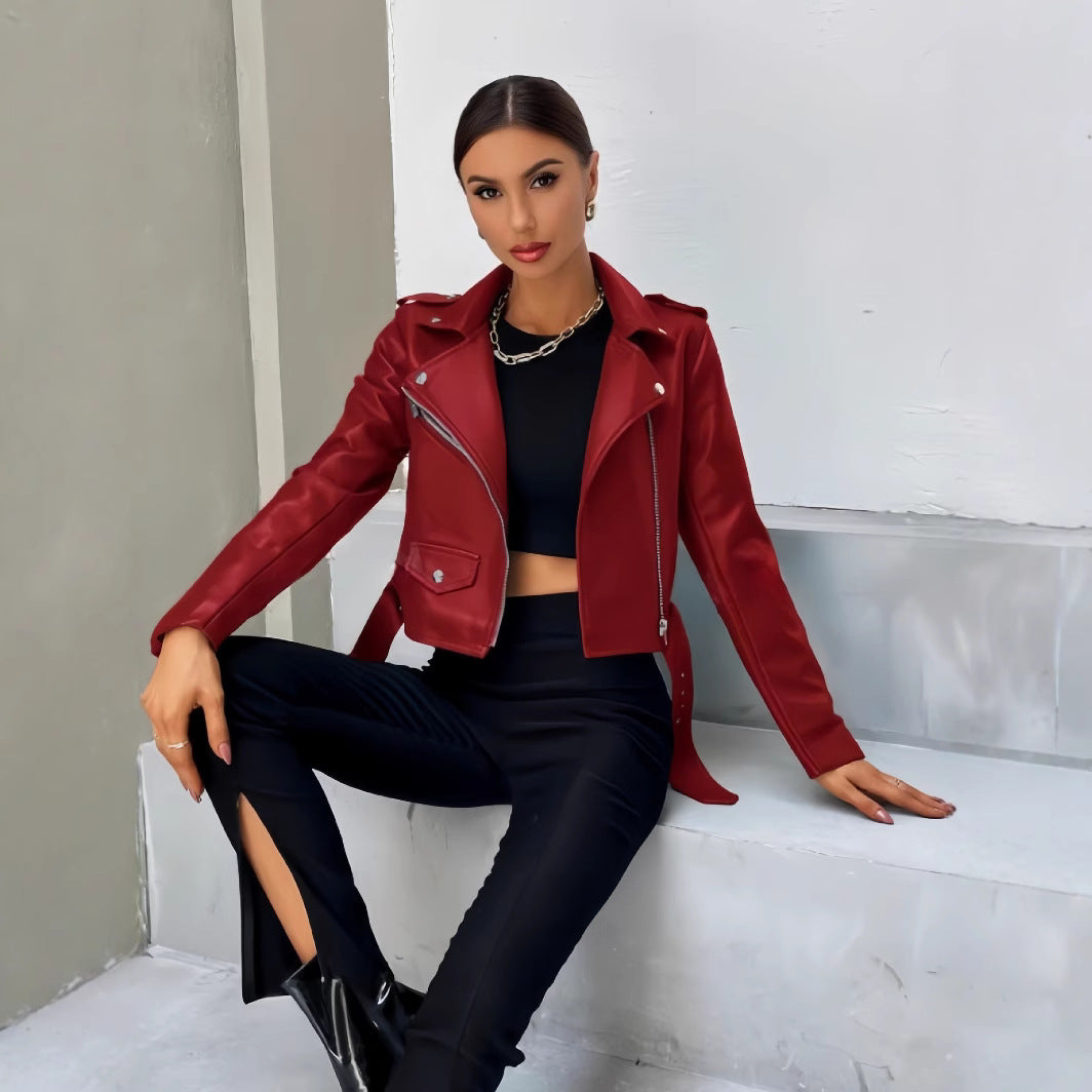 Veste motard femme cuir synthétique | Coupe courte, fermeture asymétrique