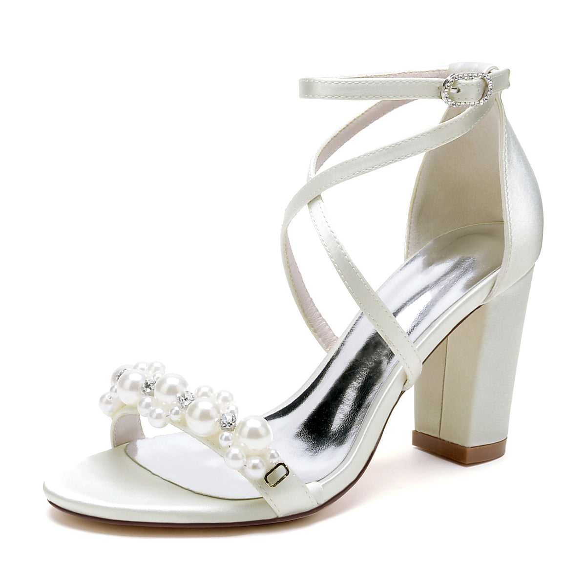 Sandales mariage ivoire strass perles talon carré bout rond bride poignet
