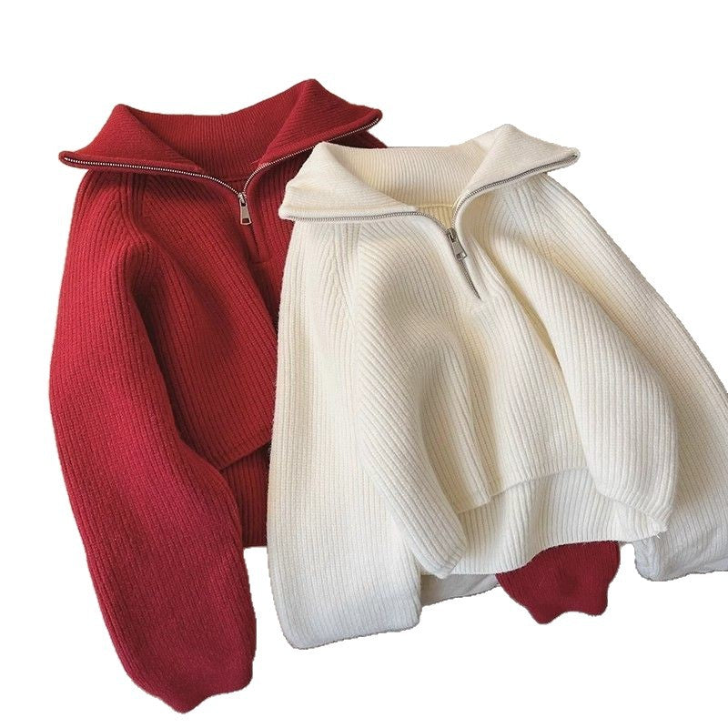 Pull tricoté femme col revers zippé coupe ample automne hiver