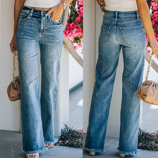 Jeans évasés pour femmes avec ourlet effiloché et taille haute Chic und Stil-Jeans-PARIS FEMME