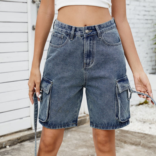 Shorts cargo femmes en taille haute décontractée avec poches latérales pratiques Chic und Stil-Short en jean-PARIS FEMME