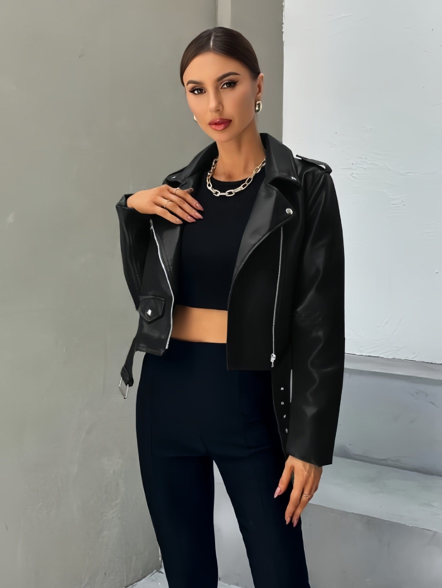 Veste motard femme cuir synthétique | Coupe courte, fermeture asymétrique
