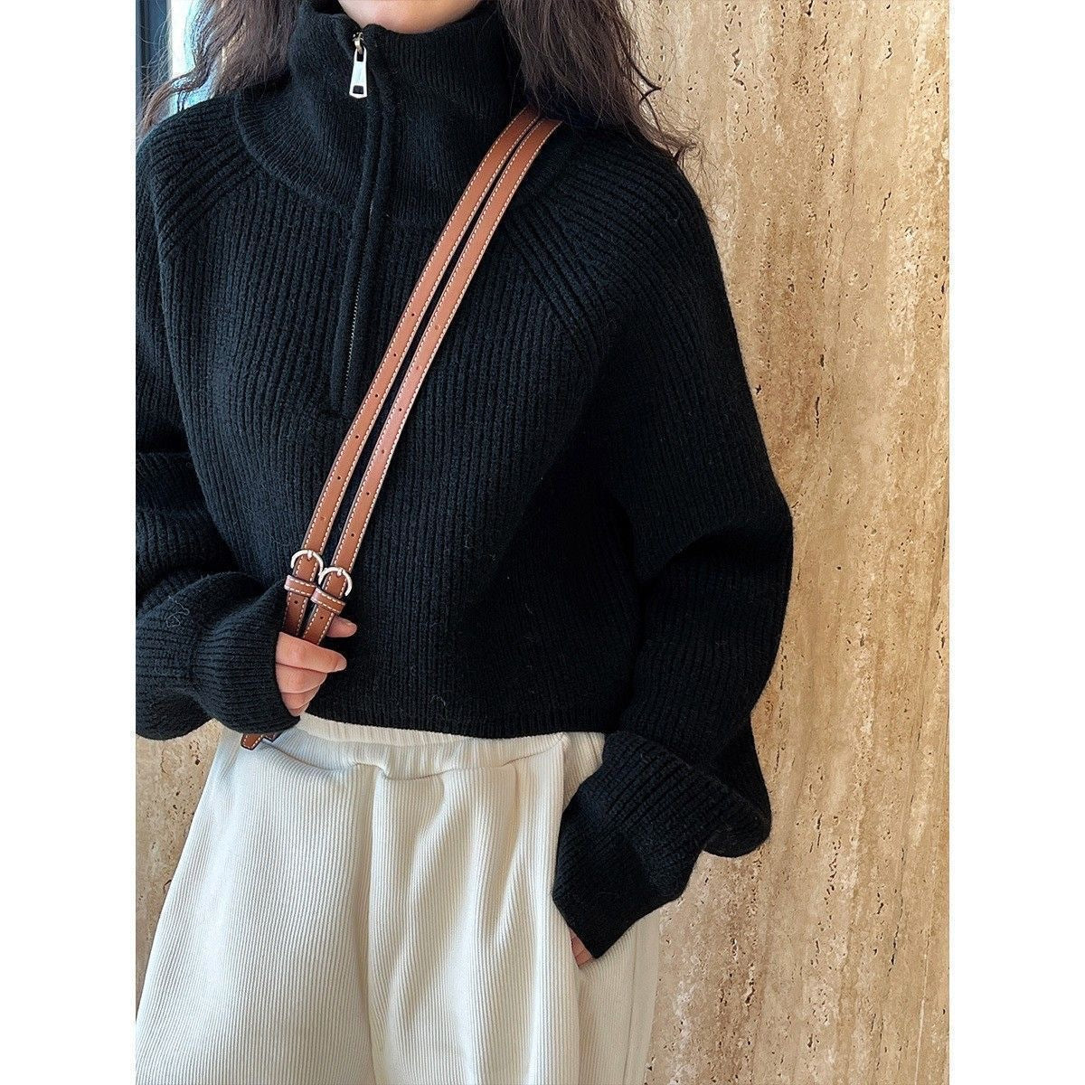 Pull tricoté femme col revers zippé coupe ample automne hiver