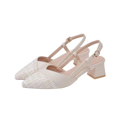 Escarpins slingback talon bloc femme bout pointu coloris abricot et blanc cassé