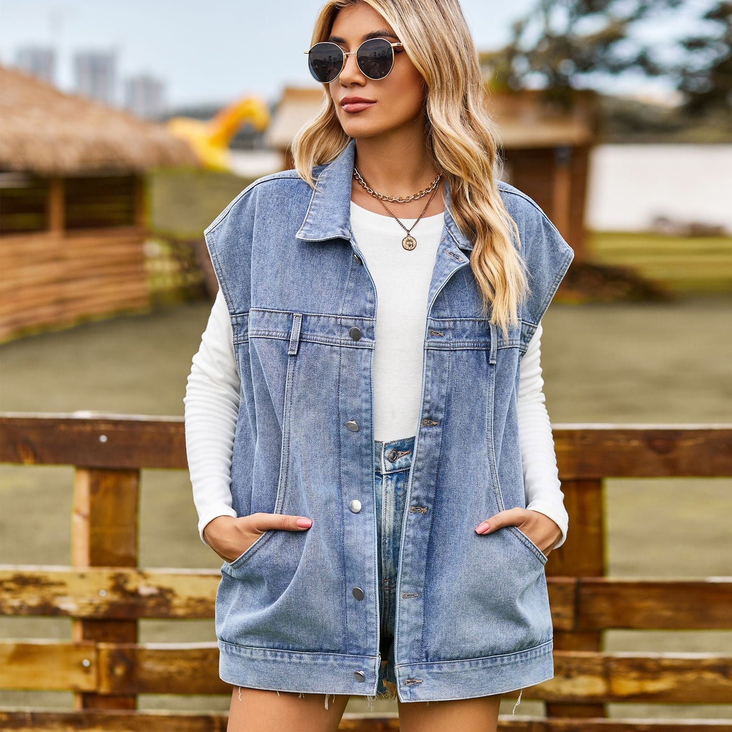 Dames gilet en denim au style oversized moderne avec poches pratiques Chic und Stil-Jeans Outfit-PARIS FEMME