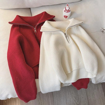 Pull tricoté femme col revers zippé coupe ample automne hiver