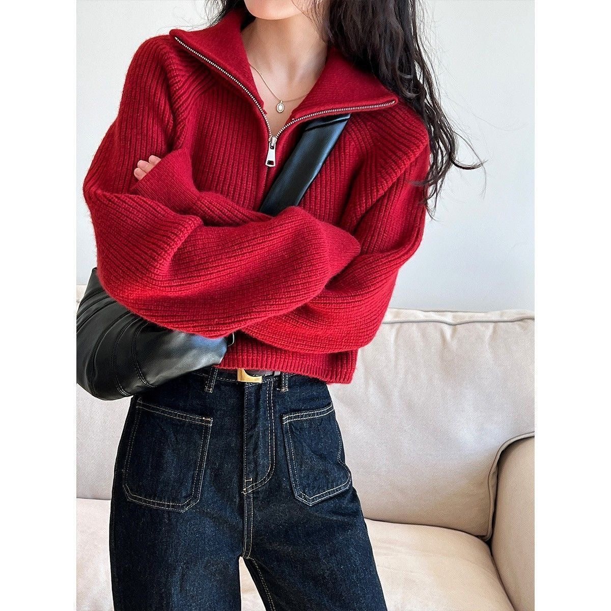 Pull tricoté femme col revers zippé coupe ample automne hiver