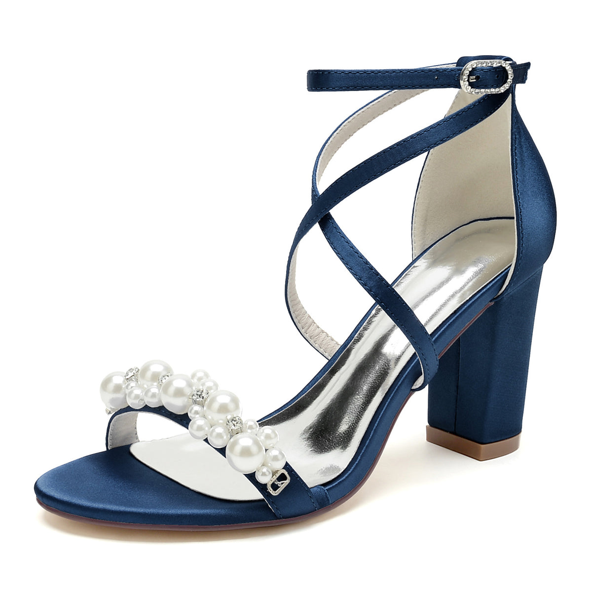 Sandales mariage ivoire strass perles talon carré bout rond bride poignet