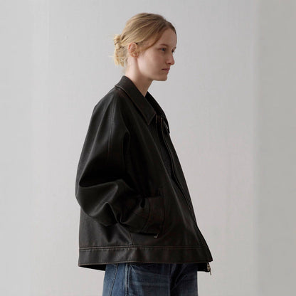 Veste en cuir souple femme | Design minimaliste, col montant | Agneau noir