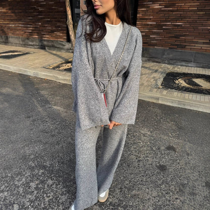 Ensemble 2 pièces femme pull col V côtelé et pantalon large décontracté