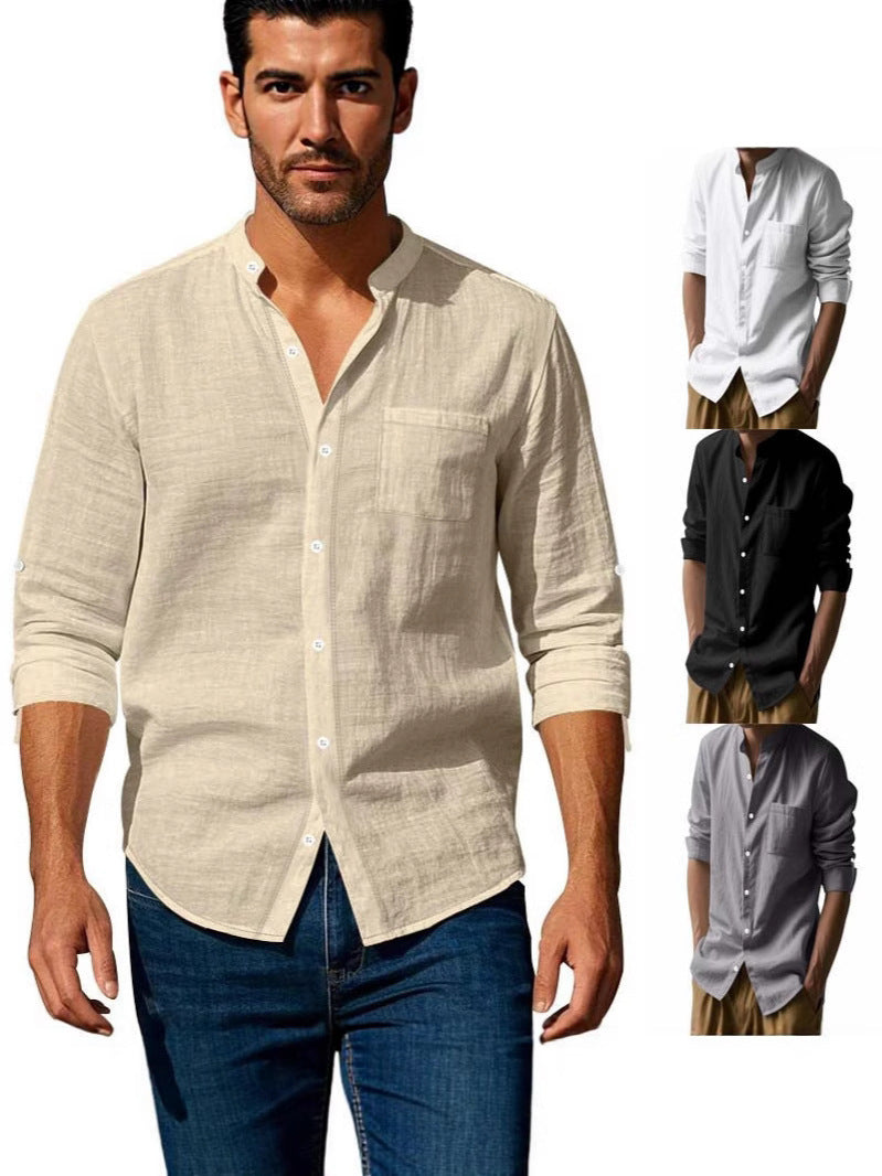 Chemise Homme en Lin | Col Mao, Manches Longues | Légère Respirante