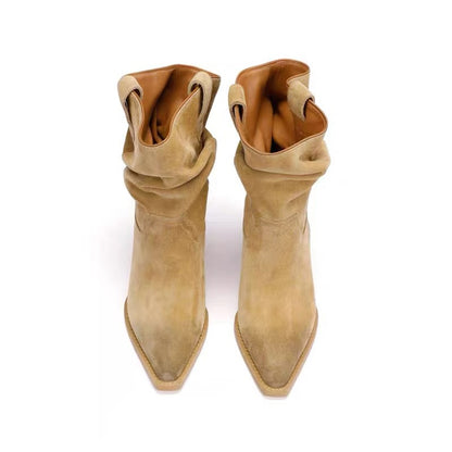 Bottes western femme suède bout pointu talon carré col en V froncées mi-mollet