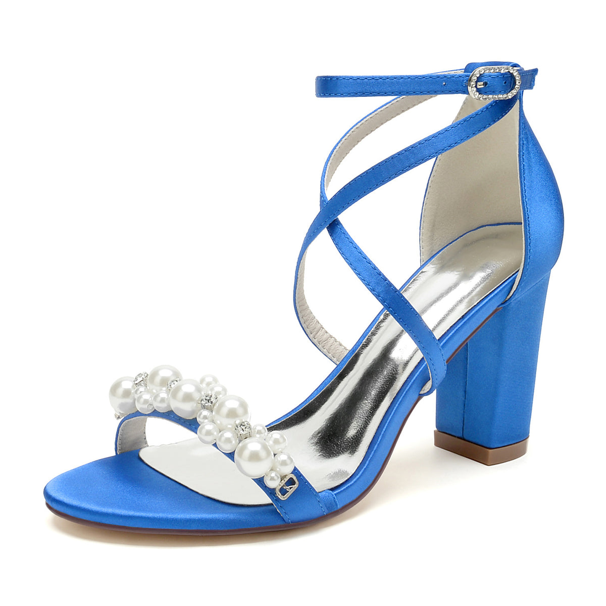Sandales mariage ivoire strass perles talon carré bout rond bride poignet