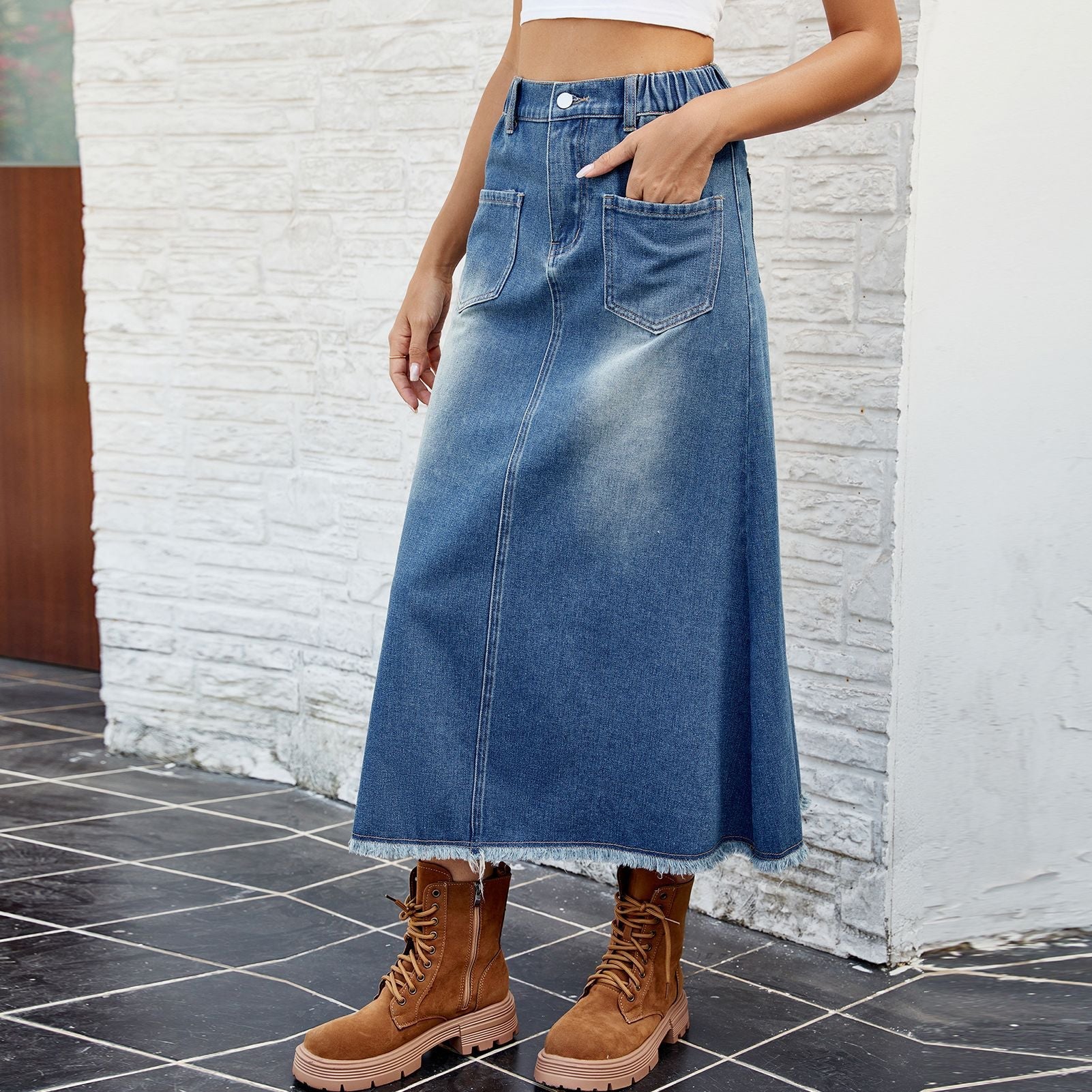 Jupe maxi en denim pour femmes avec taille élastique et poches pratiques Chic und Stil-Short en jean-PARIS FEMME