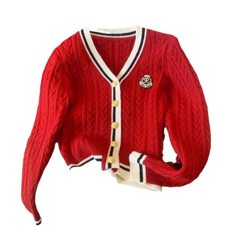 Cardigan tricot femme col V bicolore motif torsadé style universitaire rétro