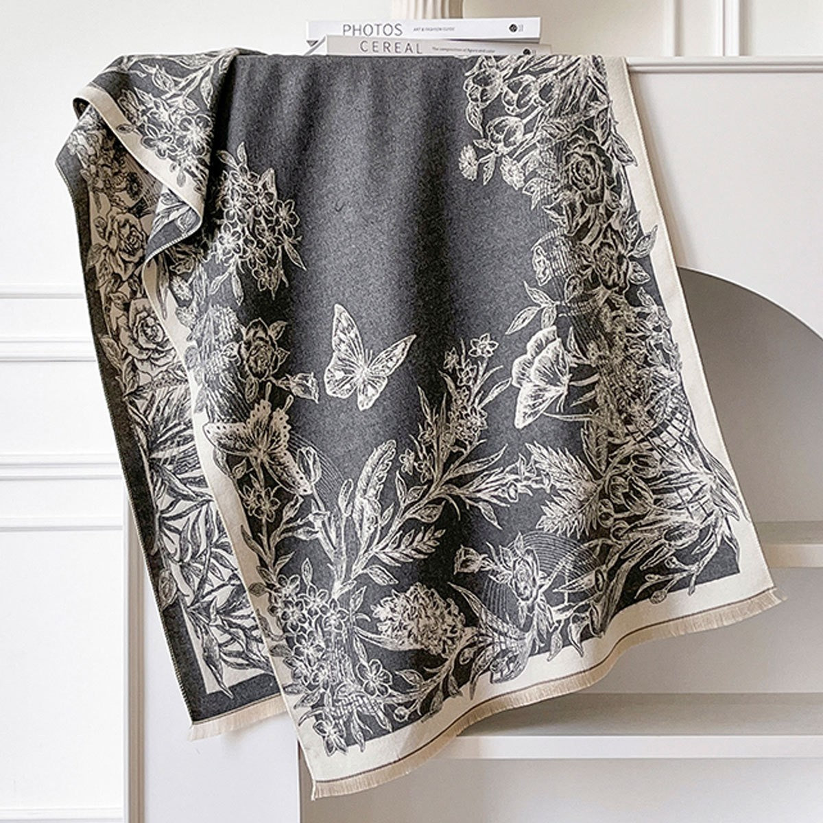 Écharpe femme imitation cachemire épaisse motif floral châle automne hiver 185x65cm