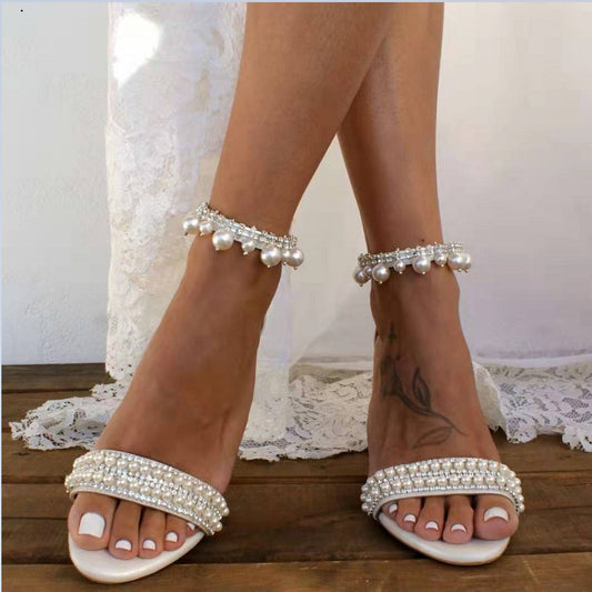 Sandales à talon femme | Blanc perle, lanière, mariage