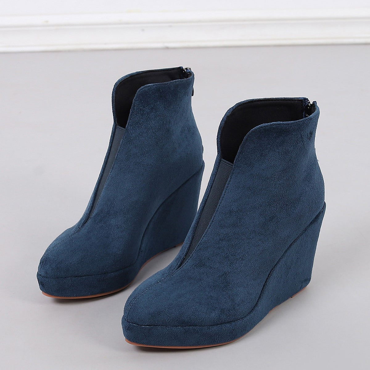 Bottines femme velours talon compensé bout pointu fermeture zip arrière