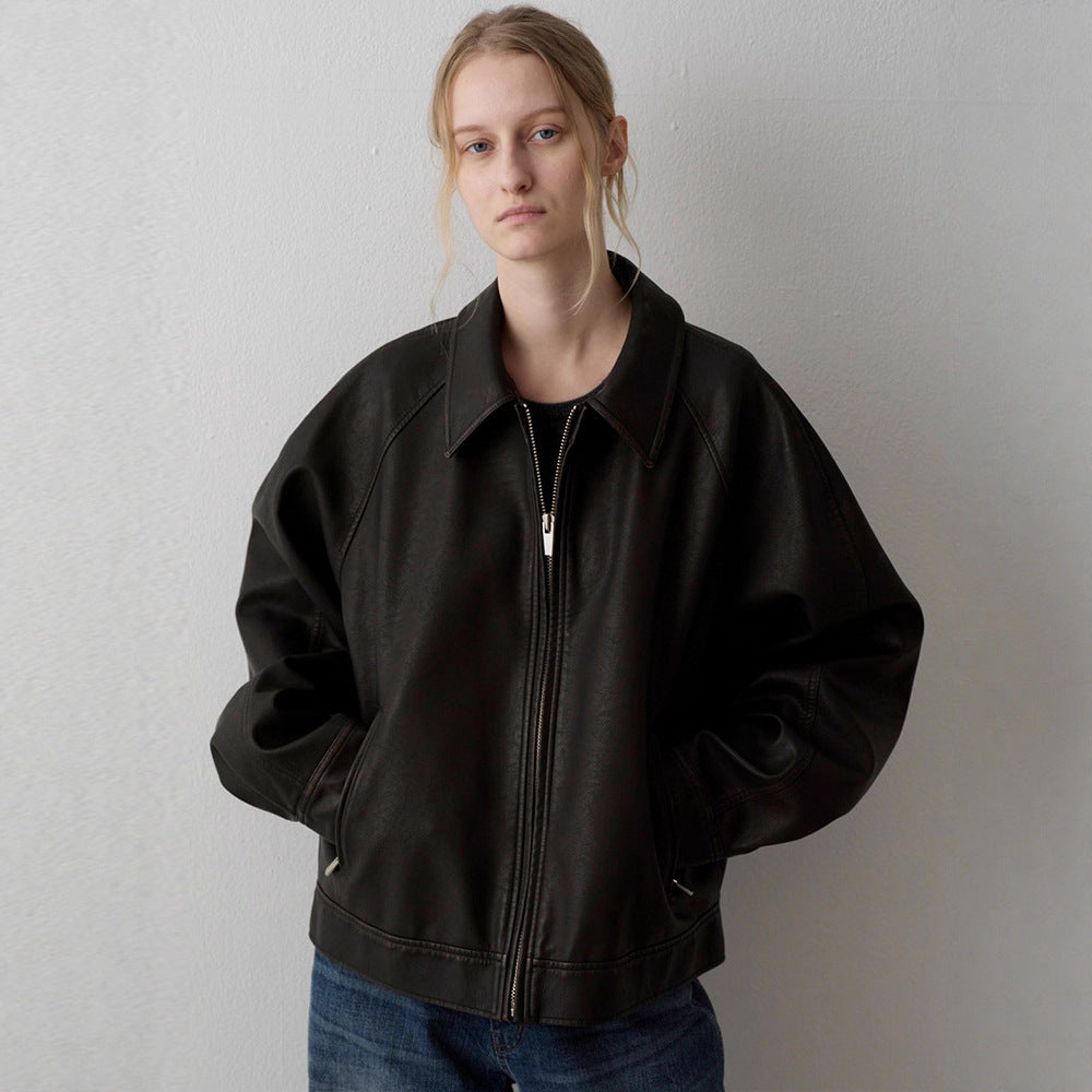 Veste en cuir souple femme | Design minimaliste, col montant | Agneau noir
