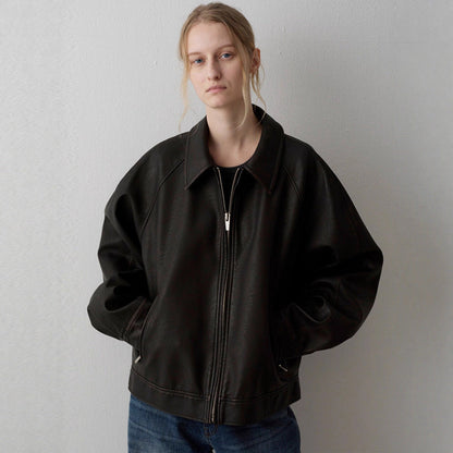 Veste en cuir souple femme | Design minimaliste, col montant | Agneau noir